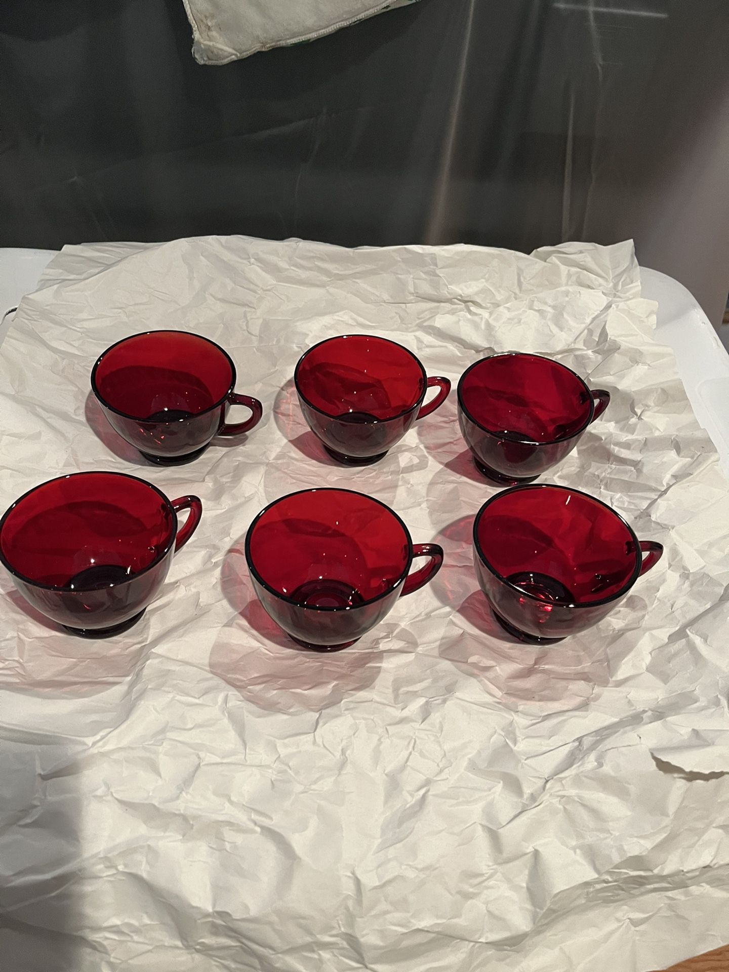6 Vintage Red Glass Tea Cups 
