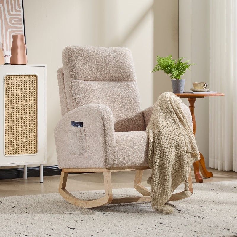 [Free shipping] Modern rocking chair, solid wood leg design, living room leisure armchair with high backrest (Beige, teddy)