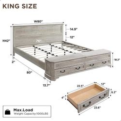 Farmhouse Bed Frame w/ Headboard & Storage Bench, Wood Platform Bed - Light Rustic Oak - King