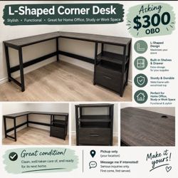 L-Shaped Corner Desk with Shelves and Drawer