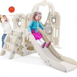 Arlopu 7 in 1 Toddler Slide and Swing Set, Kids Climber Playset with Ball & Hoop, Telescope, Suction Cup Reinforced Base, Baby Indoor Outdoor Playgrou