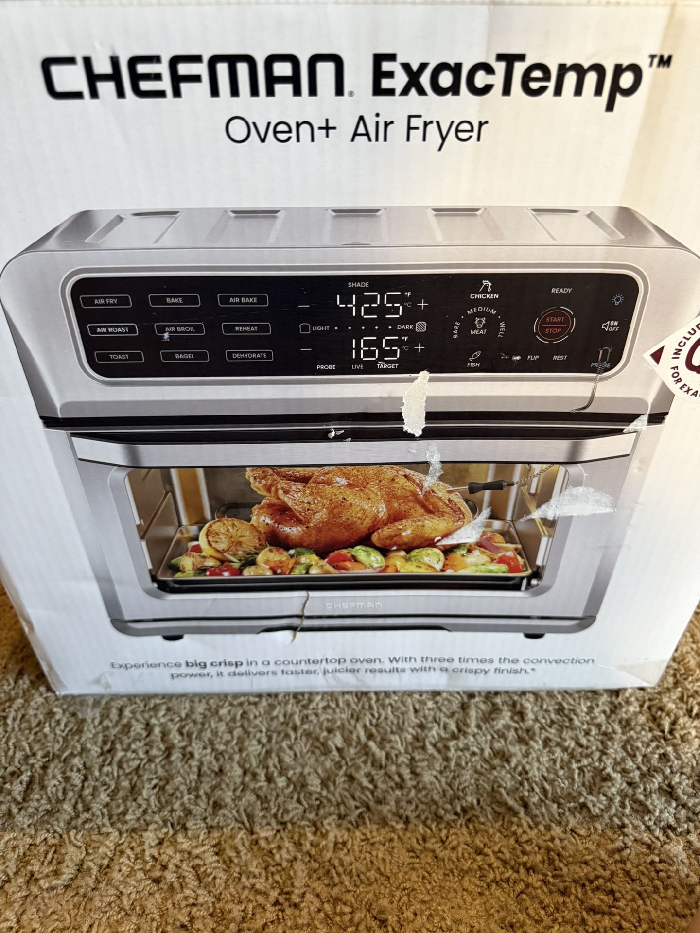 Chefman 12-in-1 Air Fryer Oven Combo w/ Probe Thermometer, 20 Qt Capacity - Stainless Steel, New