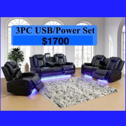 💥FREE DELIVERY💥Brand New POWER, LED, USB  3PC Reclining Sofa Loveseat Chair Set 