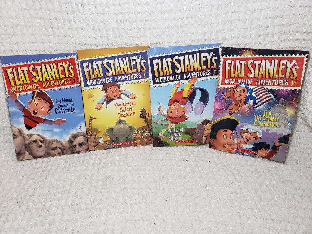 Flat Stanley book set . The Mount Rushmore Calamity,  The African Safari discovery , The flying Chinese wonders,  The US capital commotion all with 85