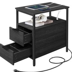 VASAGLE Side Charging Station, Narrow End 2 Drawers, Slim Nightstand and Bedside Table with Storage, for Small Spaces, Black ULET321B22

