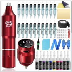 Wireless Tattoo Gun Kit, Rotary Tattoo Pen with 1500mAh Battery, Screen Display, 20 Cartridge Needles, 10 Inks, Complete Tattoo Gun Kit for Beginners 