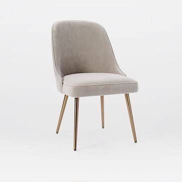 West Elm- Mid-Century Upholstered Dining Chair, Performance Velvet, Dove Gray, Oil Rubbed Bronze Legs