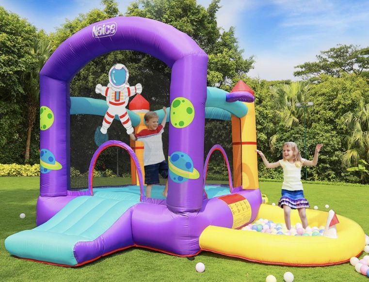 Inflatable Bounce House with Slide, Basketball Hoop, Dart Game and Ball Pit - Like New