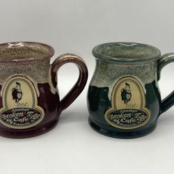 Deneen Pottery “Another Broken Egg Cafe” Coffee Mugs Pensacola, FL. Fighter Jets Green & Maroon 