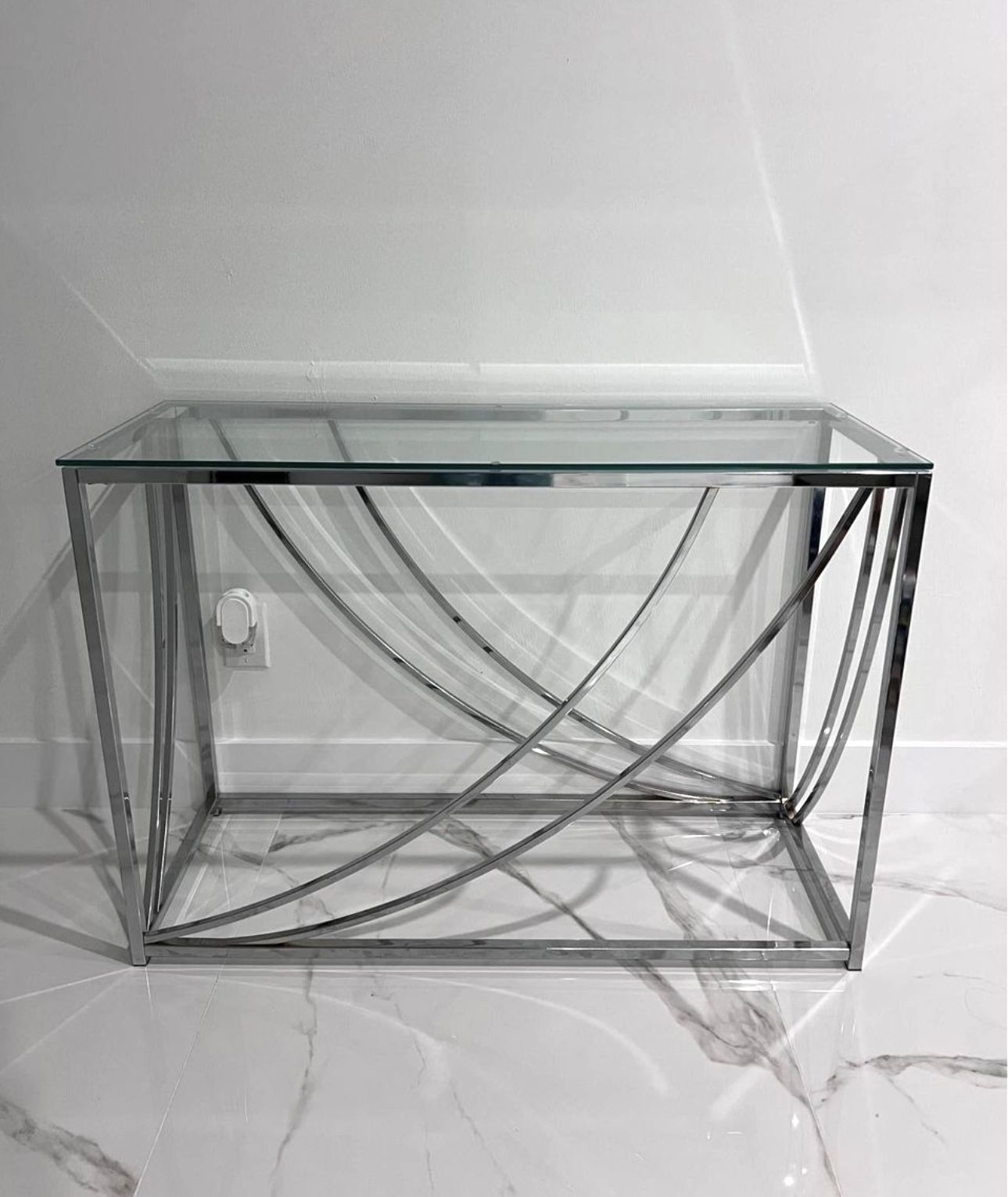 Chrome Glass Top Console Table 42”W