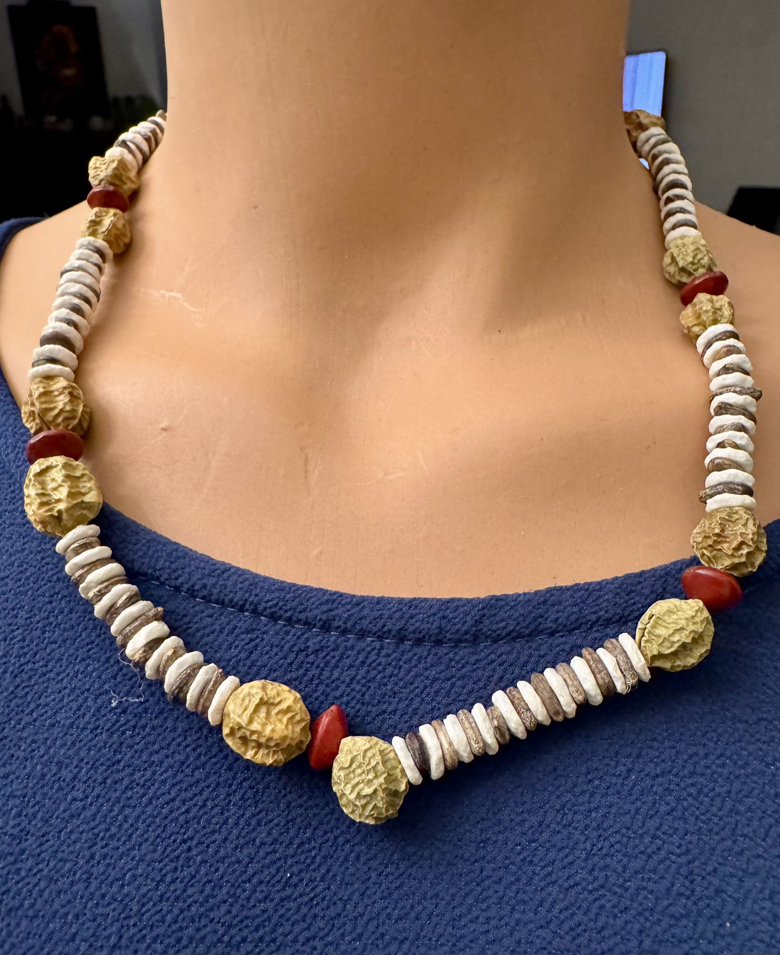 Vintage African Puka Shell And Seed Necklace 21” Long.