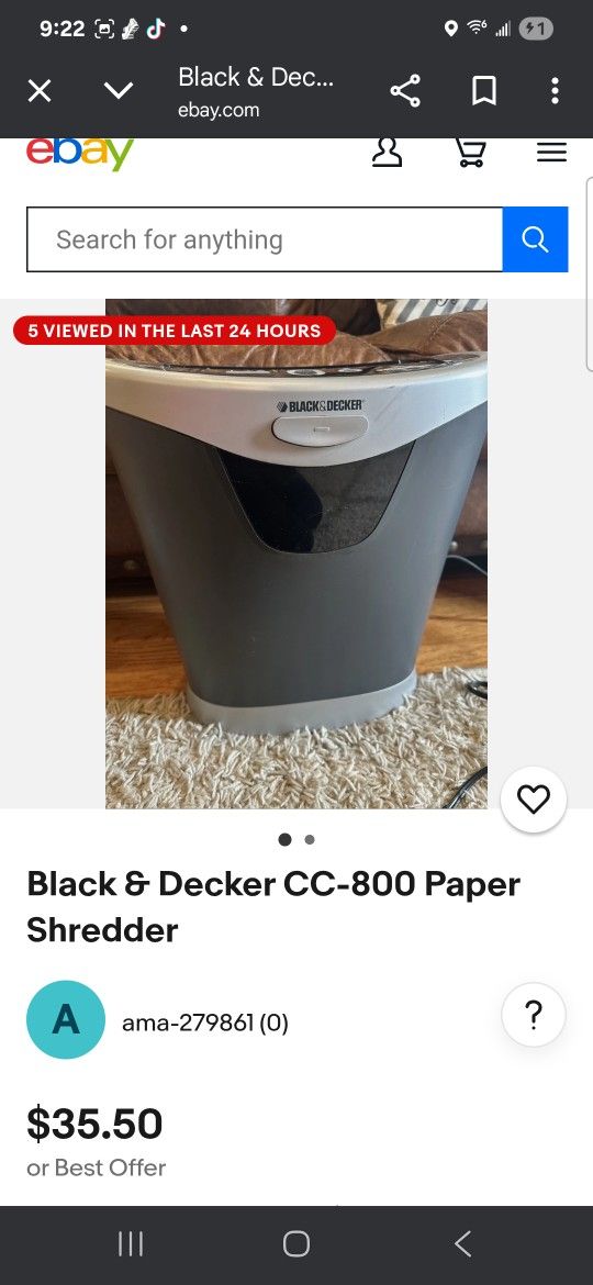 Black An Decker Paper Shredder.