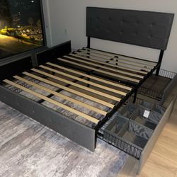 Queen Bed With Fabric Headboard And Extra Storage Drawers 