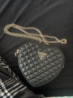 Guess Quilted Heart Crossbody Bag in Black with gold-tone hardware.
