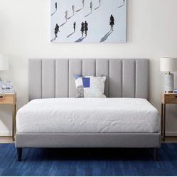 Lucid Queen Bedframe with Vertical Channeled Headboard — Upholstered Platform Bed — Easy Assembly — Queen Size — No Box Spring Needed — Stone Color