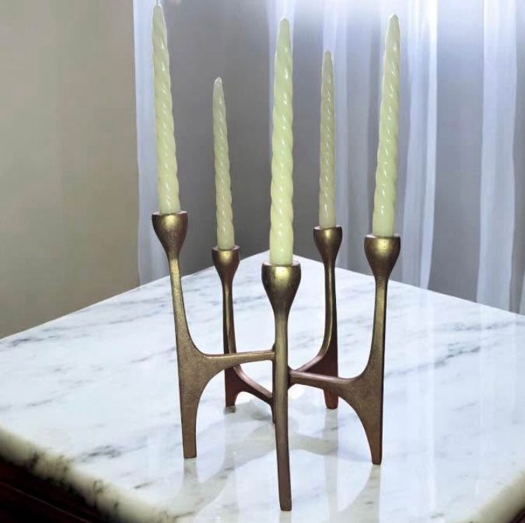 Brutalist style bronze / gold tone cast iron candelabra tapered 5 candlestick holder 