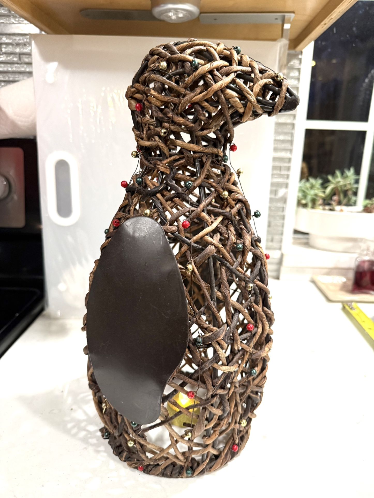 Fun & Unique Vtg Rattan / Metal Penguin Statue / Figure Approx 14.5” tall - open bottom for fairy lights / puck lighting etc ! 3 available - $15 ea