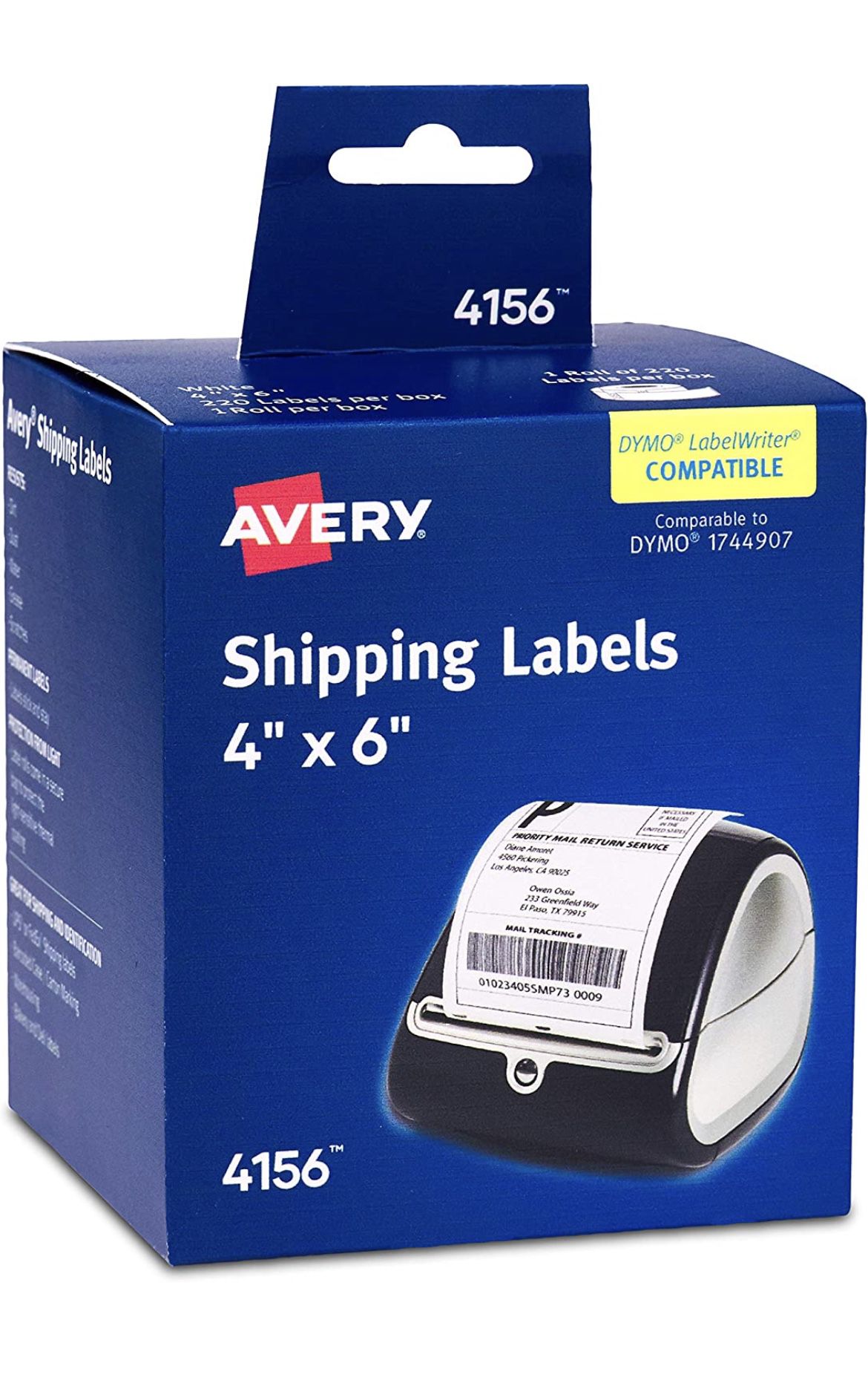 Avery Labels for Dymo Label Printers, Same Size as Dymo 1744907 Labels, 4 x 6, Roll of 220 Labels (4156) , White
