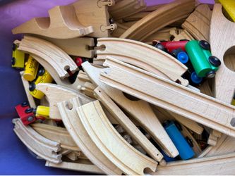 Wooden Train Tracks and Trains in Storage Tub