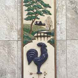 Farm with Chicken Weather Vane Vintage 60’s Pebble Art On Wood Large Sized Mid Century Modern MCM Picture
