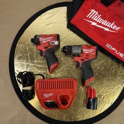 Used M12 Impact Driver + Hammer Drill Milwaukee Compact Set With 1 Battery, Charger And Bag 3452-20 3404-20