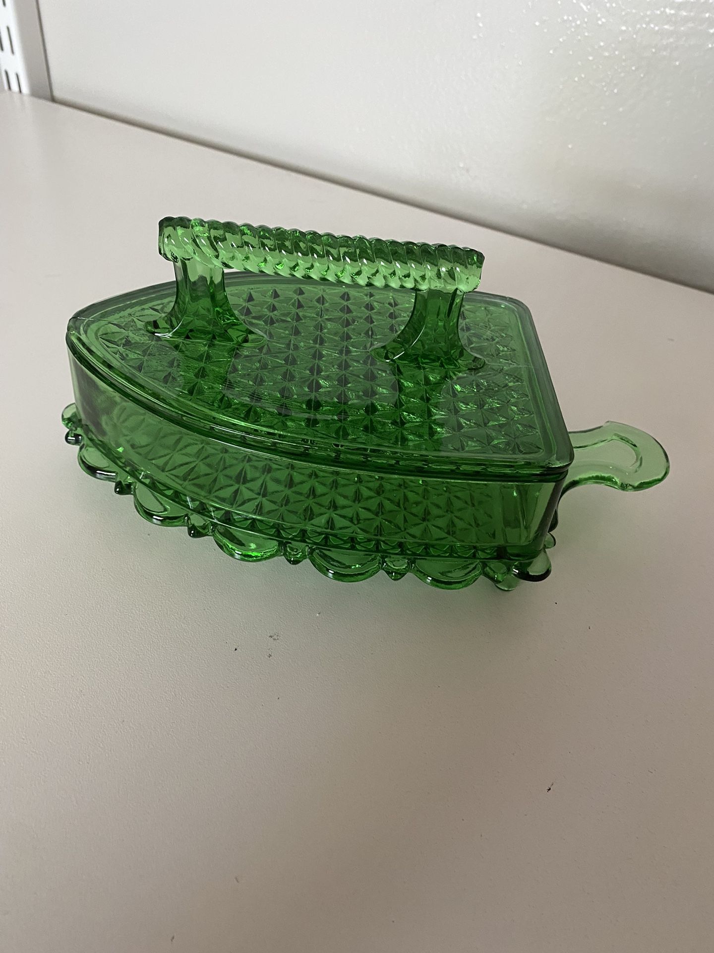 Vintage LG Wright Green Flat Iron Candy Dish 