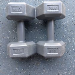 TWO 10 POUND PLASTIC DUMBBELLS.