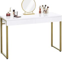 Vanity Desk with 2 Drawers Glossy White Makeup Table 47 inch Modern Home Office Computer Desk Dressing Console Table with Metal Gold Legs 