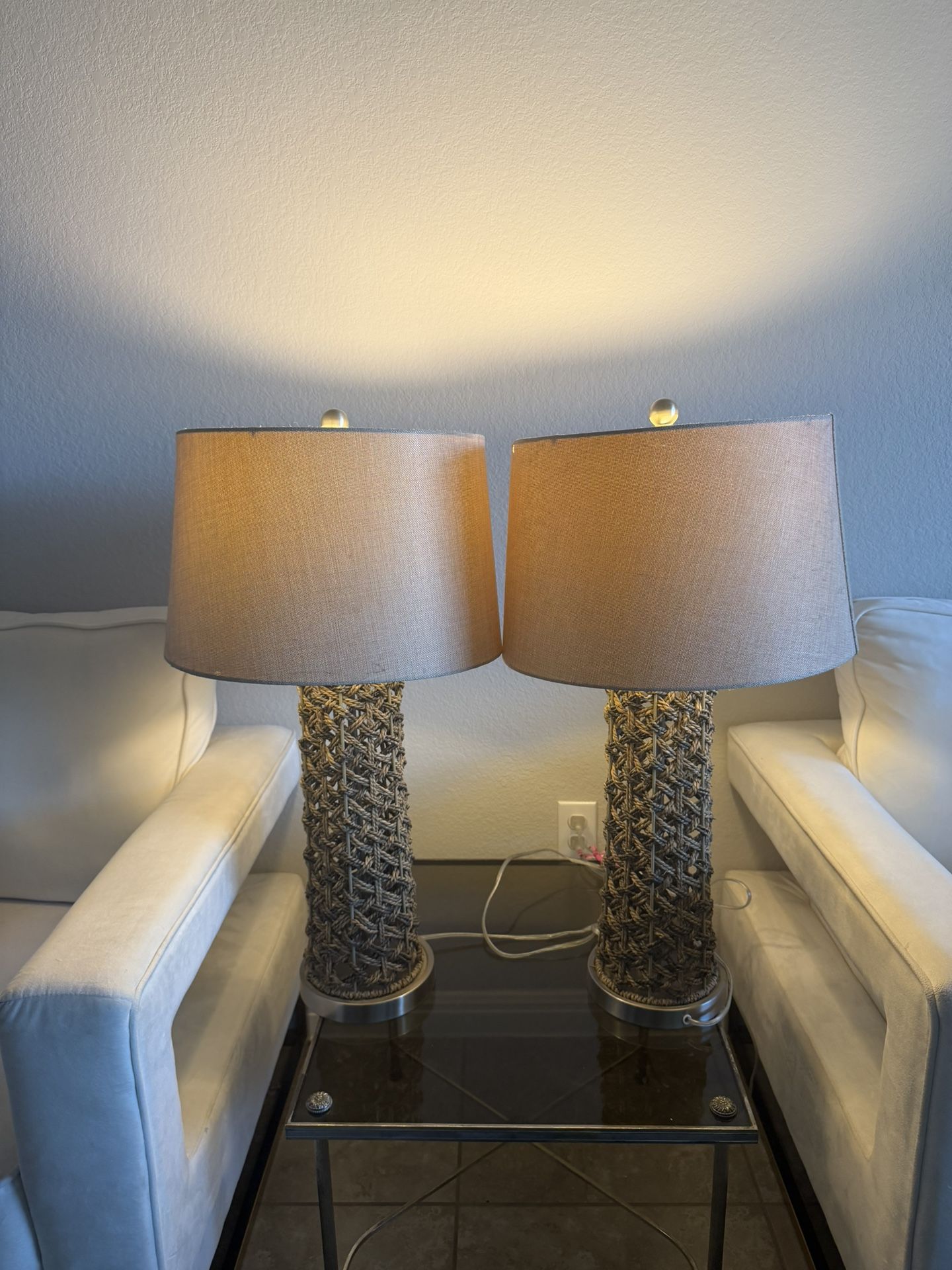 set of 2 Benjara 27 Inch Table Lamp, Woven Rope Design, Drum Shade, Rattan Wood, Brown