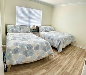 Standard size grey wood bed frame, including standard size mattress,  comforter and pillows