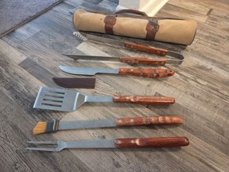 Vintage stainless steel barbecue tool set with wooden riveted
