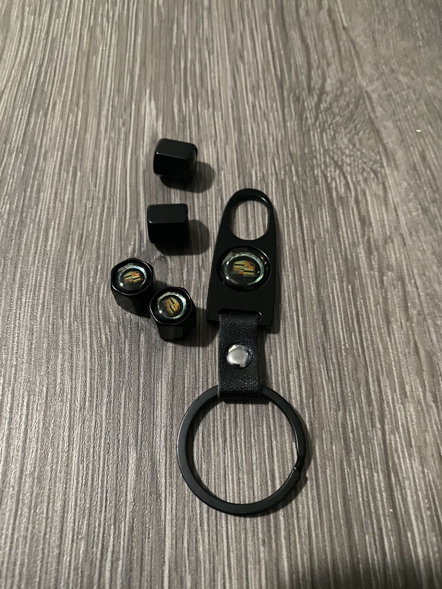 AQUAOK Tire Valve Stem Cap Air Caps for Car Tires Anti Theft Metal Cover with Keychain Key Fob Holder Rings Chains Logo Cadillac Emblem Men Women Blac