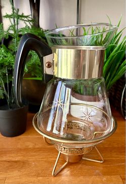 Vintage MCM Pyrex Atomic Star Glass Carafe with Warming Stand