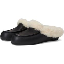UGG Women's Ansley Mule Leather, Black, Sheepskin collar Fur, Size 6