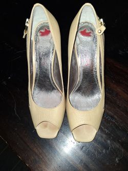 Star Ling Beige Faux Zipper Peep Toe Heels,