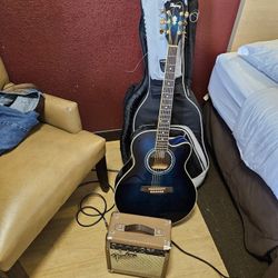 Ibanez Electric Accoustic Blue With Fender Amp And Riter Guitar Case 