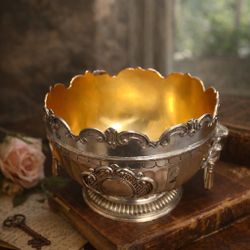 Antique Victorian Silver Plated Lion Head Monteith Bowl - Gold Wash - Sheffield c. 1880