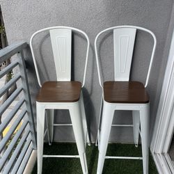Metal Bar Stools Set of 2, 30'' with Wood Seat - w/Removable Backrest