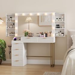 43'' Vanity Desk Mirror 12 Lights 6 Drawers 2 Side Cabinets Charging Station Glass Top,White