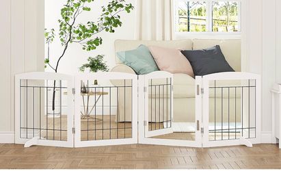 PAWLAND Dog Gate Indoor with Door, Freestanding Pet Gate for Doorway, Stair 80" Wide 24" Height Foldable Pet