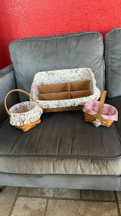 Longaberger Baskets, Stationary Holder With Wood Divider And 2 Smaller Baskets With Liners And Handles