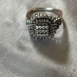 Genuine Sterling Silver Diamond Cluster Ring Size 9