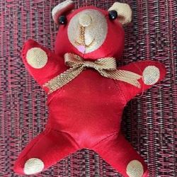 Mini Red Silk Teddy Bear w/ Gold Paws, Nose, Ears, Ribbon & Glass Eyes