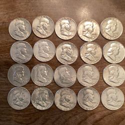 20 Franklin Silver Half Dollars ( Dates range from 1949 to 1963)    90% Silver
