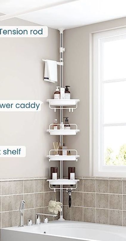 ALLZONE Rustproof Shower Caddy Corner for Bathroom,Bathtub Storage  Organizer for Shampoo Accessories,4-Tier Adjustable Shelves with Tension  Pole,56 to