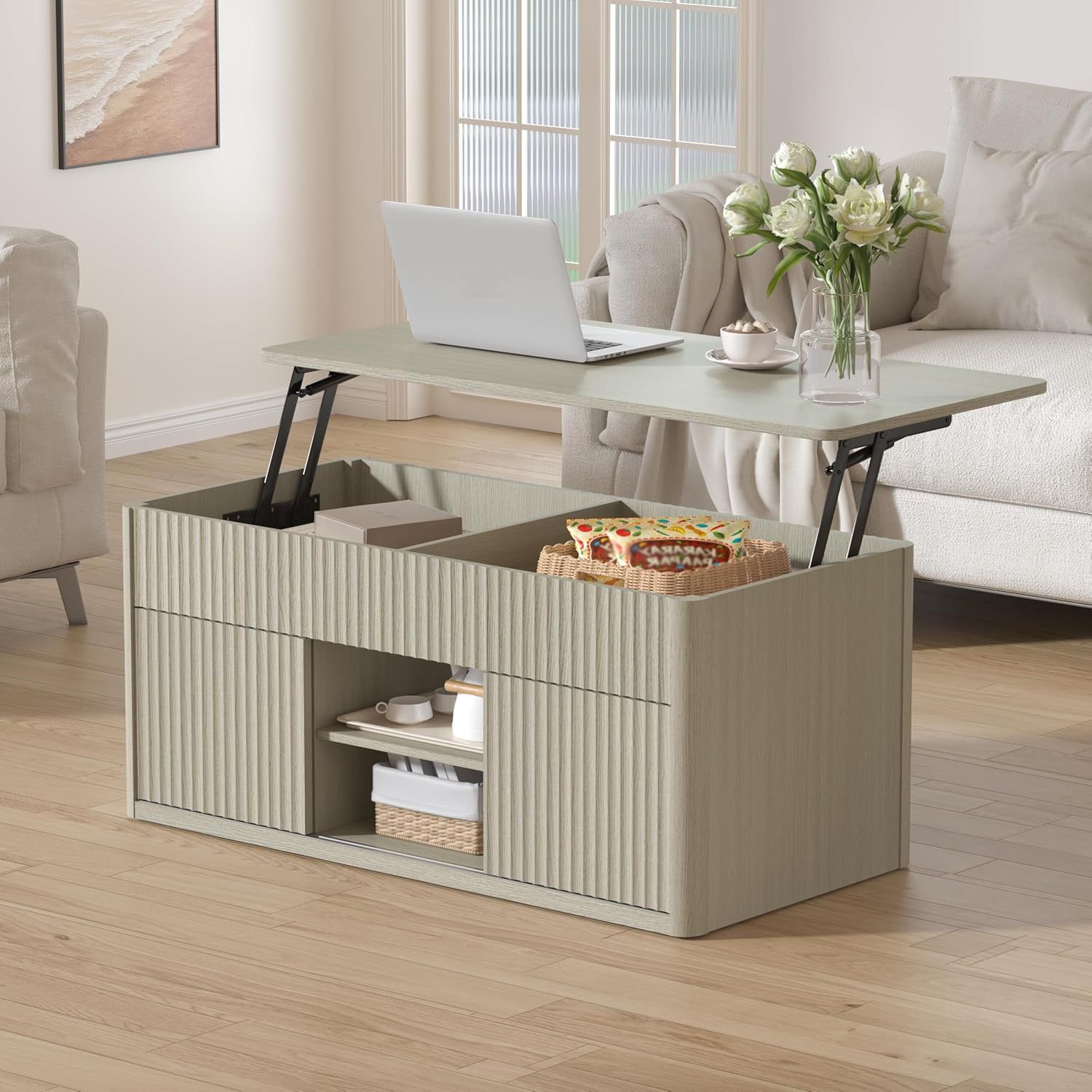39.3" Fluted Lift Top Coffee Table, Large Storage Compartment, Adjustable Shelves-Light Grey Oak  