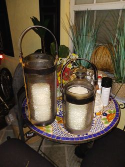 2 PC HEAVY MADE METAL GLASS CANDLES ARE NEW STANDS GD HOME PATIO PORCH ETC 18 SET FIRM