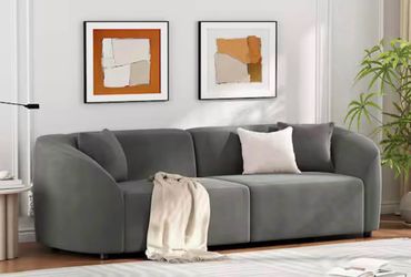 Nymora 87.25 in. Modern 3-seater Rolled Arm Velvet Upholstered Curved Sofa with Pillows, in Grey.  retail price $596 our price $300    CHRISTOPHER KNI