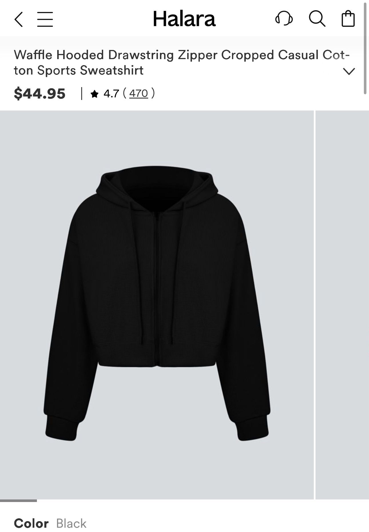 Halara Black Waffle Hooded Drawstring Zipper Cropped Casual Sweatshirt