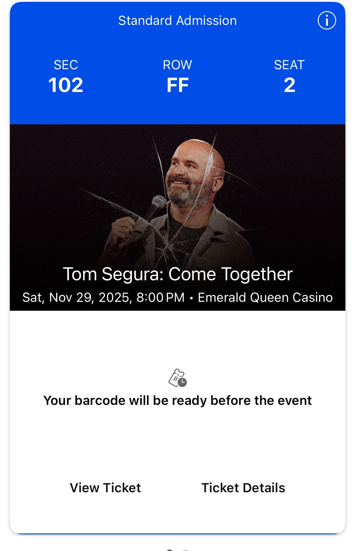 Two Tickets To Tom Seguras Come Together Tour Show In Tacoma